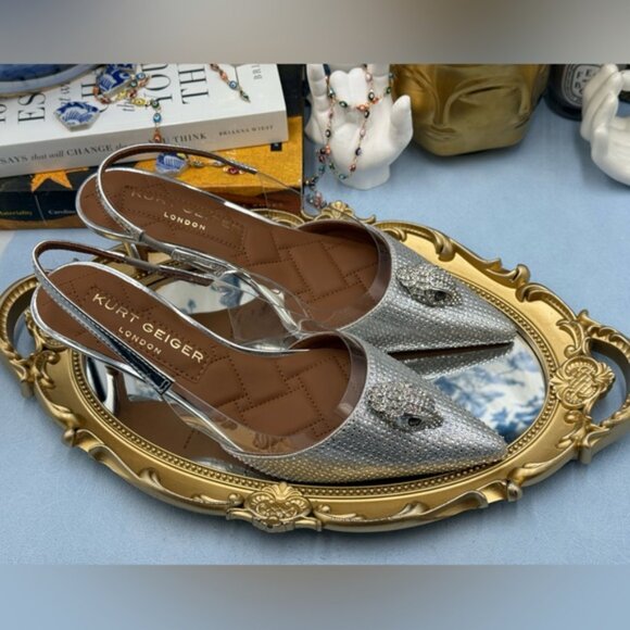 🆕 KURT GEIGER LONDON 🧿 NWOB Belgravia Vinyl 65 Slingback Heels, Silver, Sz 7.5 - Picture 8 of 14
